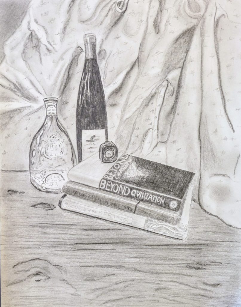 "Bottles and Books", 12x10, Pencil on paper - $150