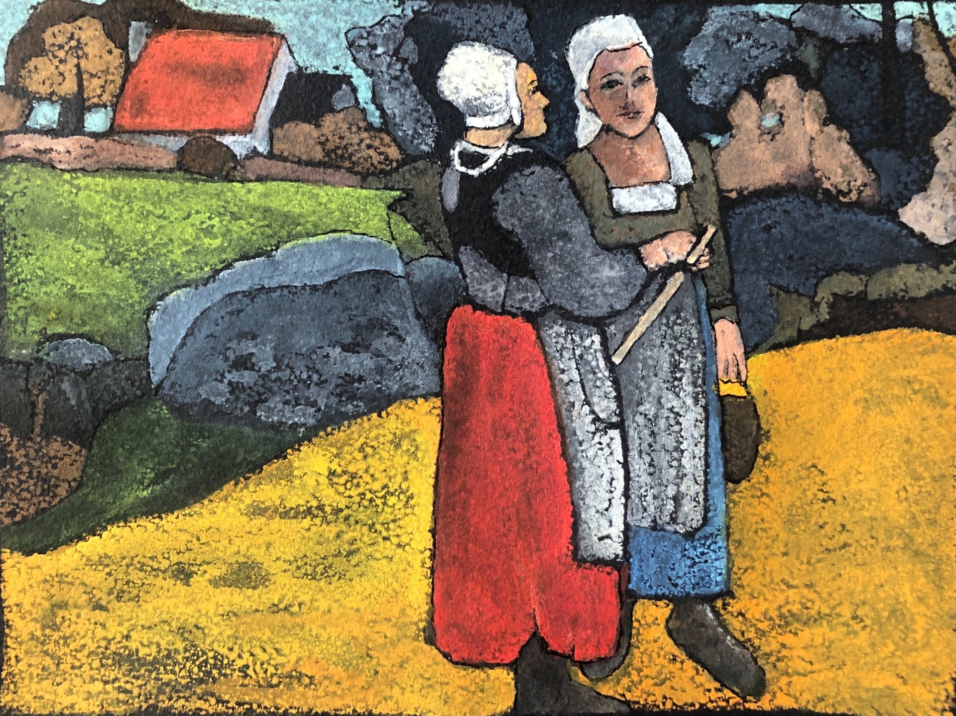 "Breton Peasant Women (after Gauguin)", 6.5x9, Provincetown-line wood block print - $150