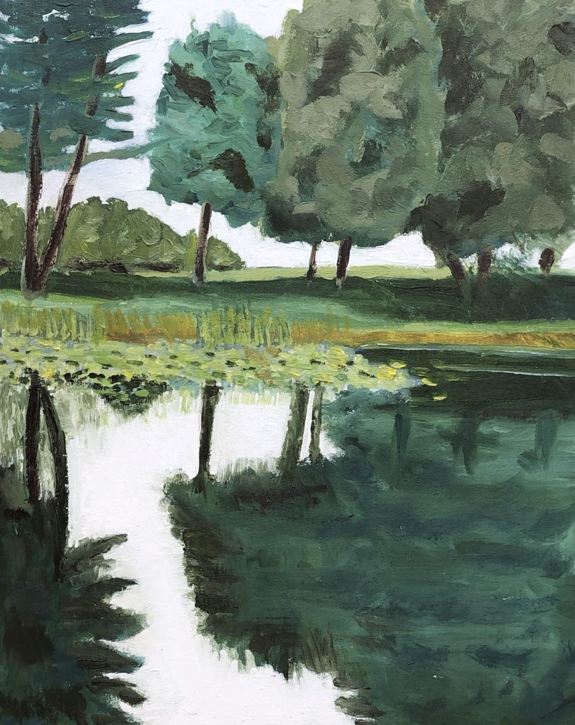 "The Pond at the Barrington Public Library", 10x8, Oil on Canvas board - $50