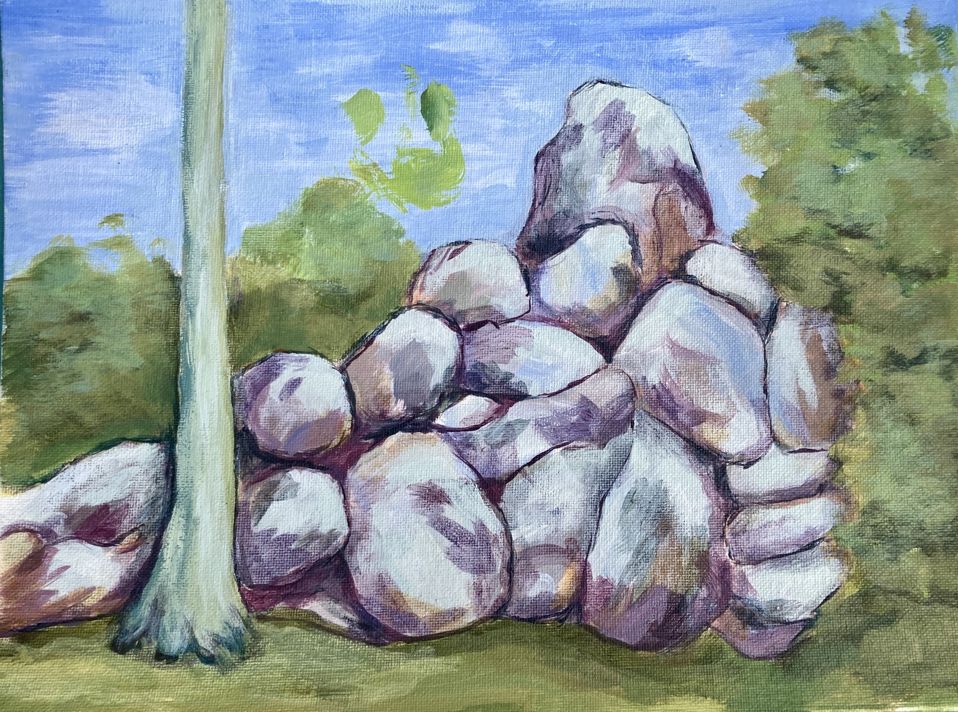 “Rocks at Swan Point” (acrylic on canvas board), 9x12 – $175